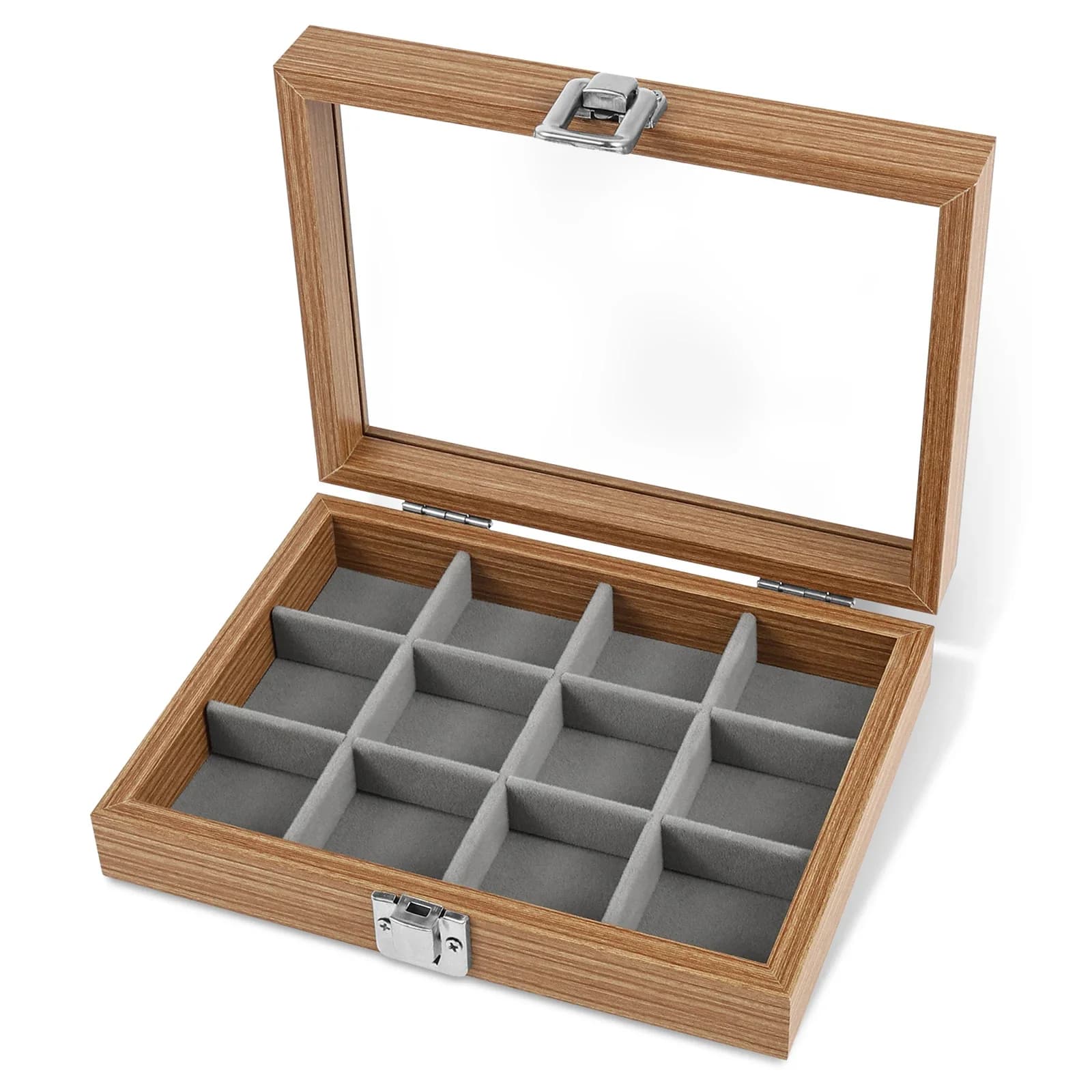 12 Grid Wooden Transparent Square Box Rock Collection Storage Case Natural Stone Fossil Gemstone Crystal Jewelry Display