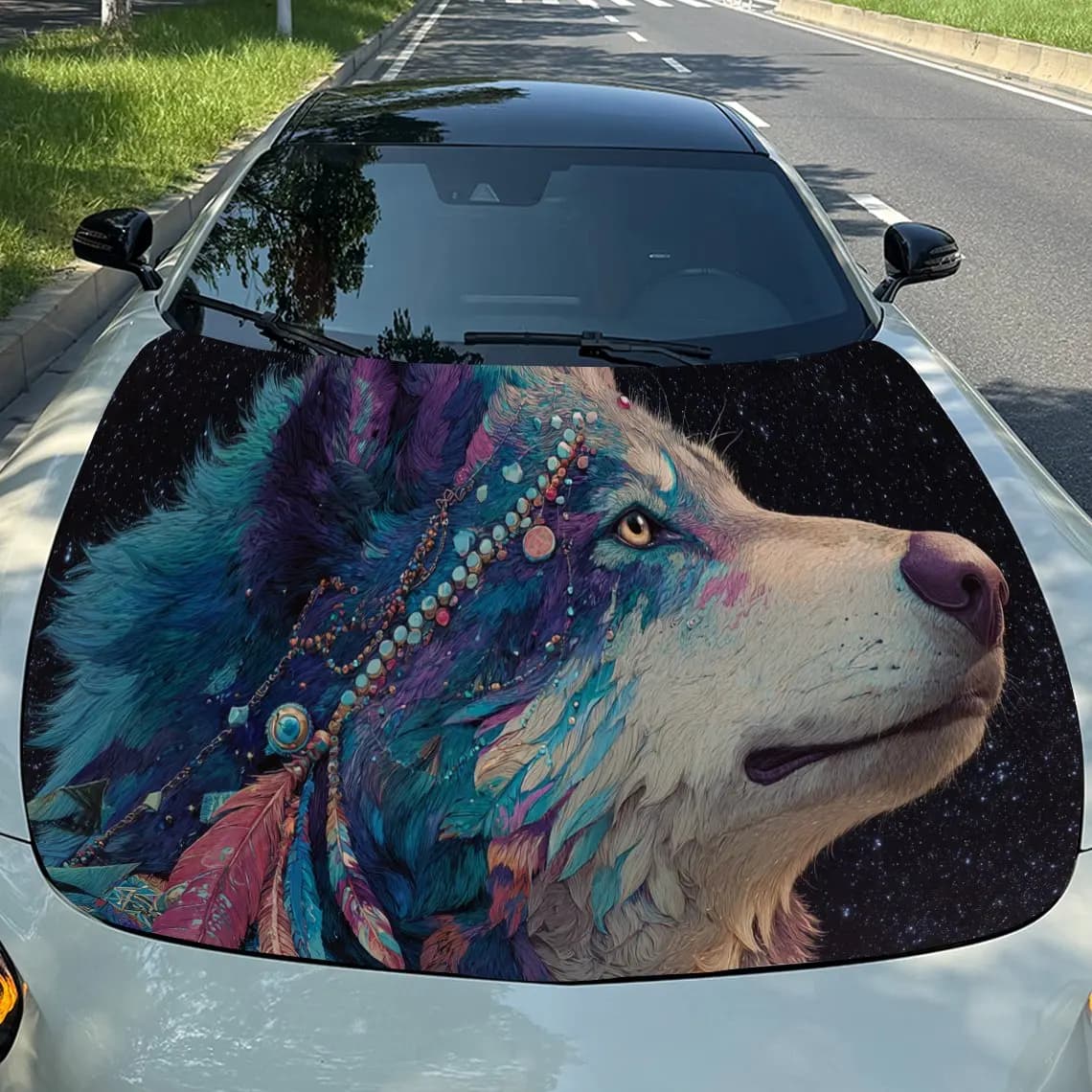 Fantasy Cosmic Dreamcatcher Wolf Car Engine Hood Sticker, Auto Vinyl Wraps, Waterproof Self-adhesive Vehicle Decal, Durable & An