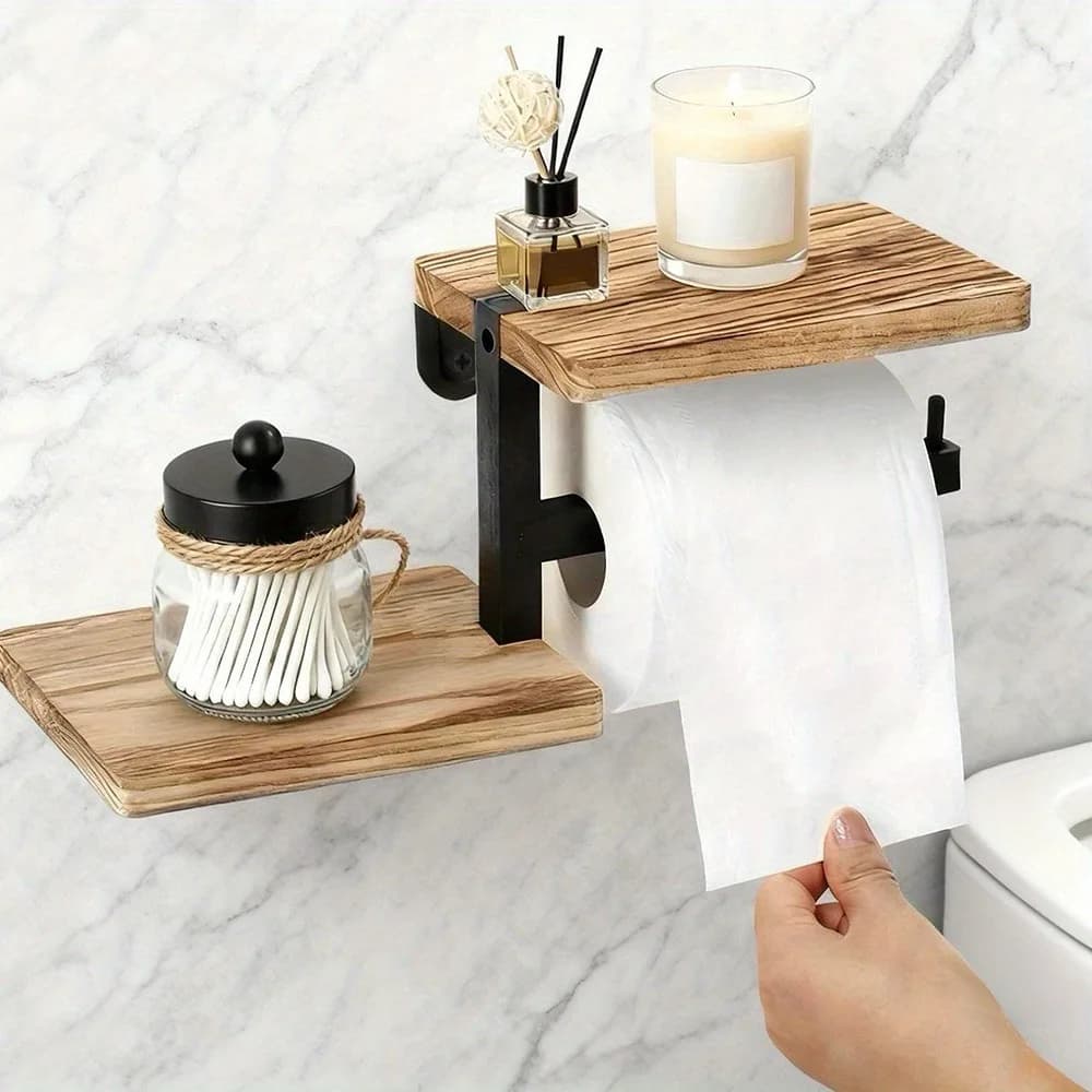 Wooden Wall Mounted Toilet Paper Holder High Load-bearing Stable Bathroom Wall Mounted Shelf Space Saving