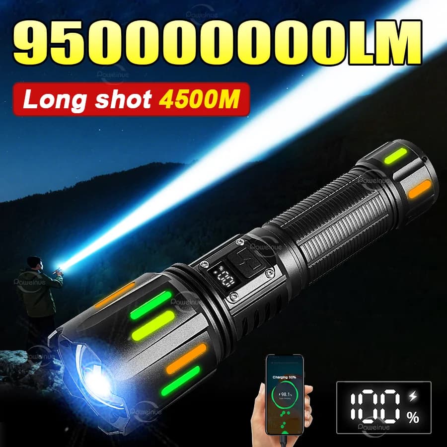 950000000LM Super Powerful LED Flashlight Rechargeable Flashlights 18650 Long Range 4500M Zoomable Torch Fishing Camping Lantern