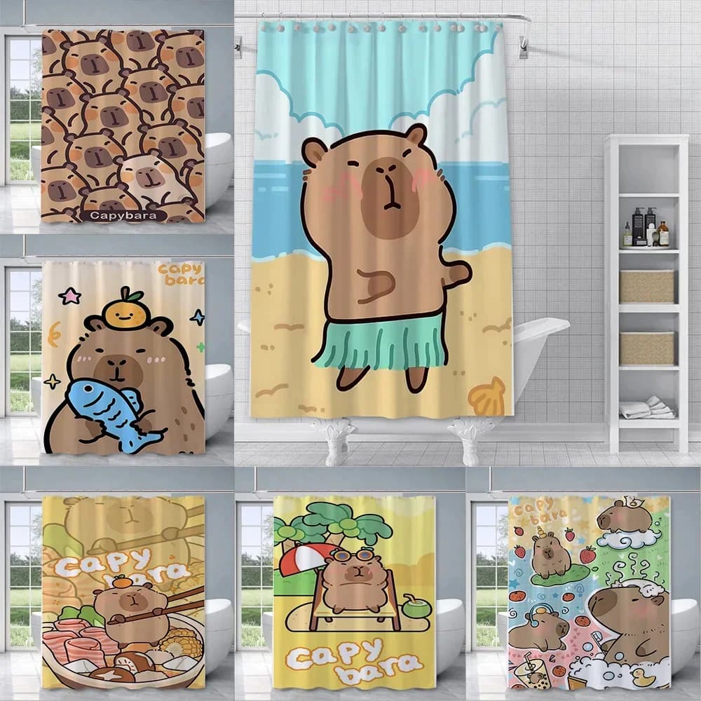 Tenda da doccia Tessuto in poliestere impermeabile Vernice Tende da bagno colorate Capybaras Kawaii Decorazioni per il bagno di casa con gancio