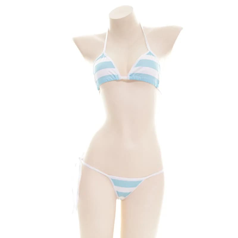 Set di Lingerie Sexy Lolita Giapponese, Reggiseno a Righe Blu Rosa Bianco, Costume Erotico per Adulti, Intimo Bikini