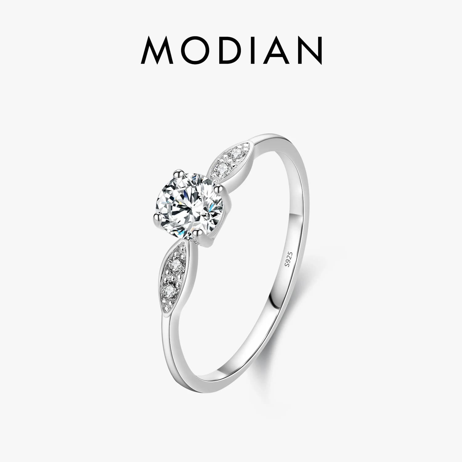 Anello nuziale romantico Modian vero argento sterling 925 con zirconi rotondi anelli da dito classici per le donne regalo di gioielleria raffinata di fidanzamento
