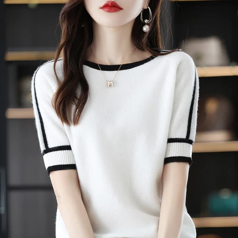Estate sottile coreana manica corta O collo patchwork dimagrante donna top lavorato a maglia casual elegante semplice pullover signora T-shirt 1903