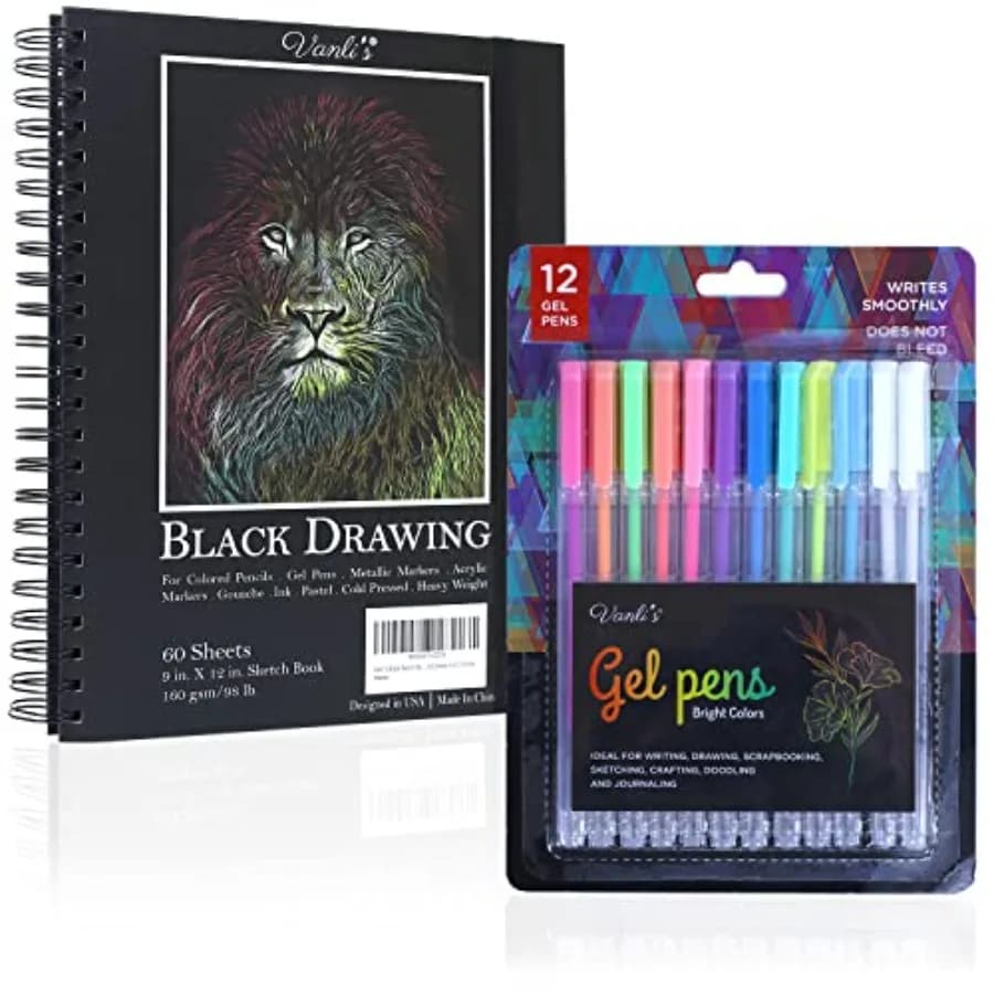 Hardcover Black Paper Sketchbook and 12 Pack Ball Point Gel Pens Set - 2 White and 10 Colorful Pens for Drawing, Sketching, and