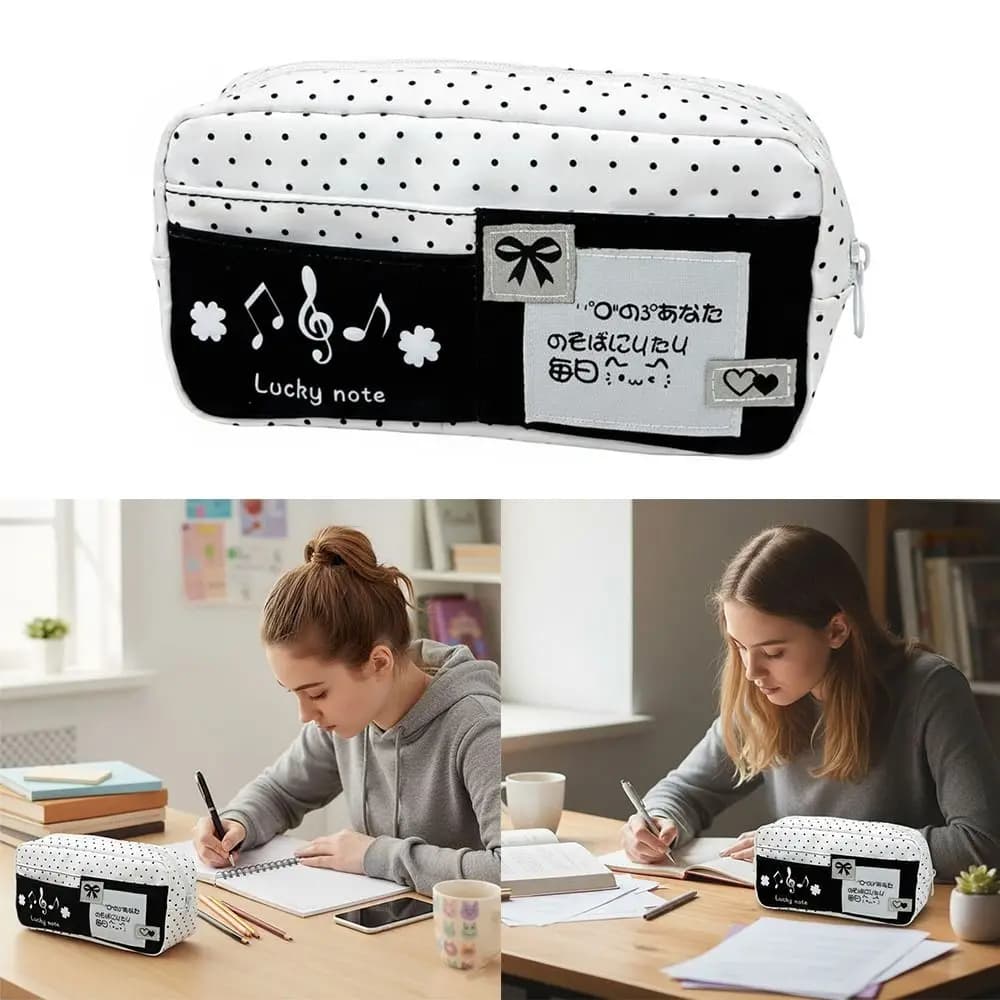Kawaii Black Polka Dot Pen Bag Large Capacity Portable Pencil Case Multi-layer Pen Box Back To School