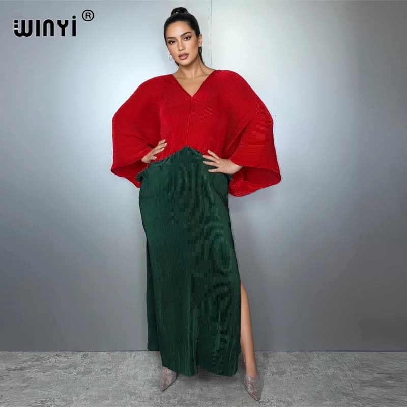 WINYI Donna nuovo Abito lungo elastico Abito boho allentato Maxi Femme Abiti festa Elegante abito a pieghe moda caftano