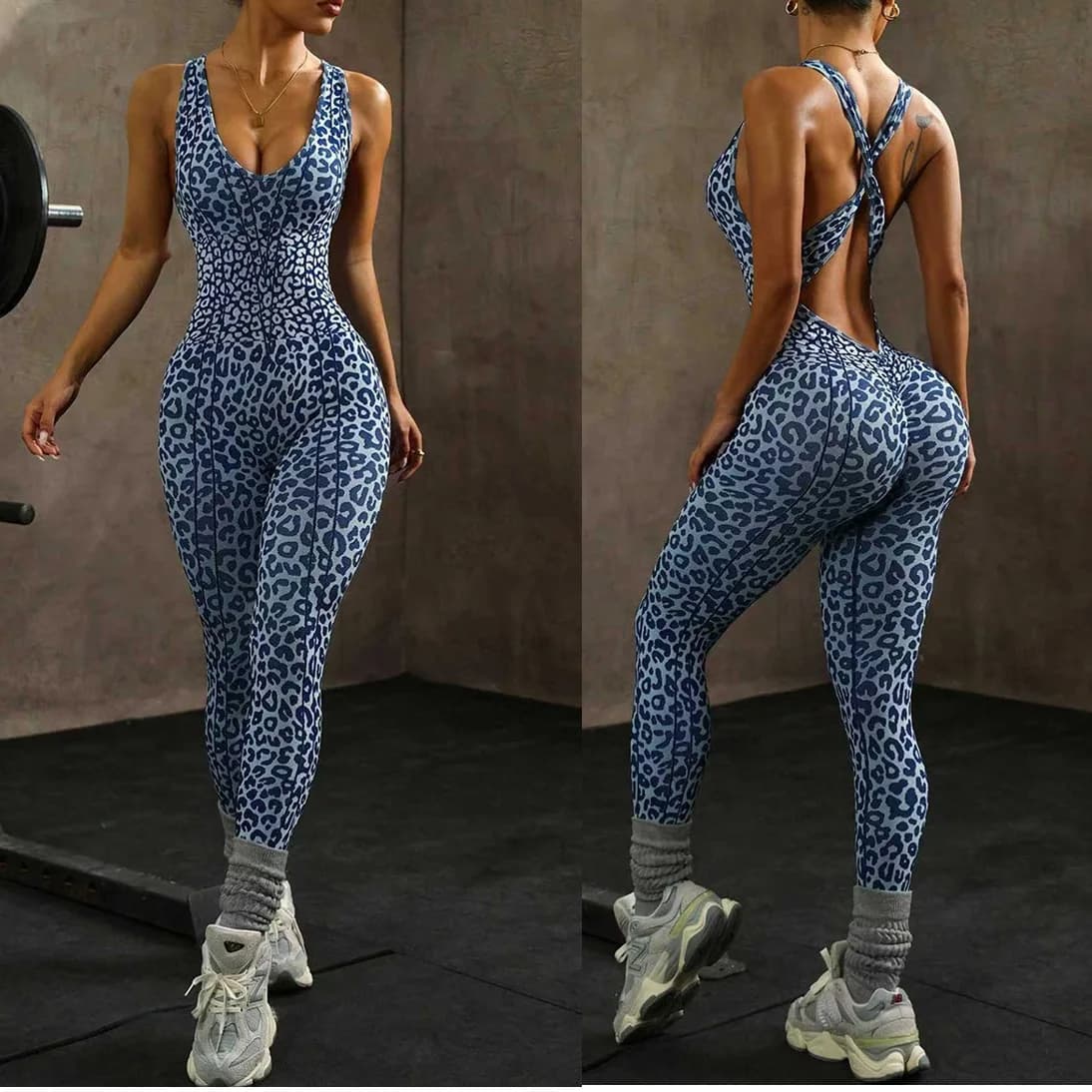 Tuta Intera Senza Maniche da Donna, Body Sportivo Leopardato per Yoga, Romper con Schiena Incrociata, Abbigliamento Sportivo per Fitness e Palestra