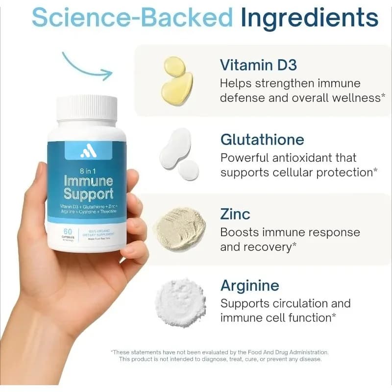 8-in-1 Immune Support Supplement Capsule Containing 60 Capsules of Vitamin D and Zinc