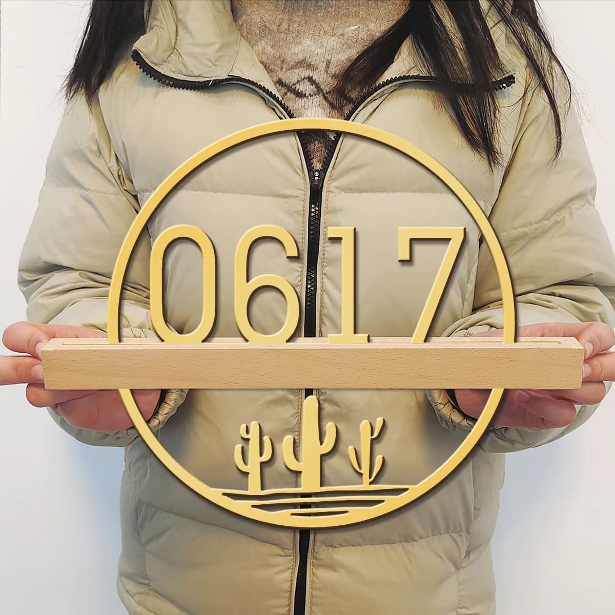 Set of 1 Custom Plate with Metal Number on Cactus Shape Wood Base, Teach for Office or Store, Ideal as Gift or Home Decoration