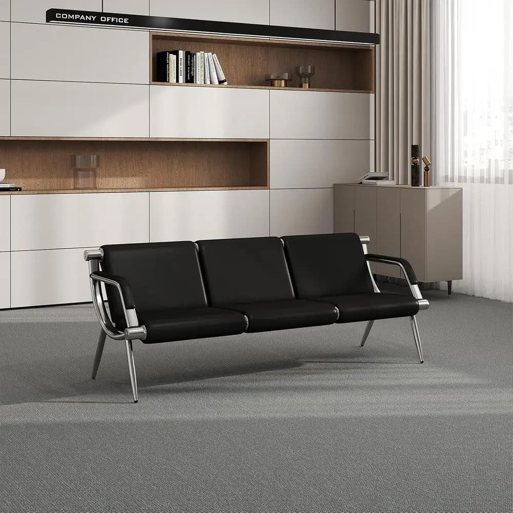 3-Seat Black Waiting Room Chair with PU Leather Cushion and Armrests for Office, Airport, Hospital, and Bank Lobbies