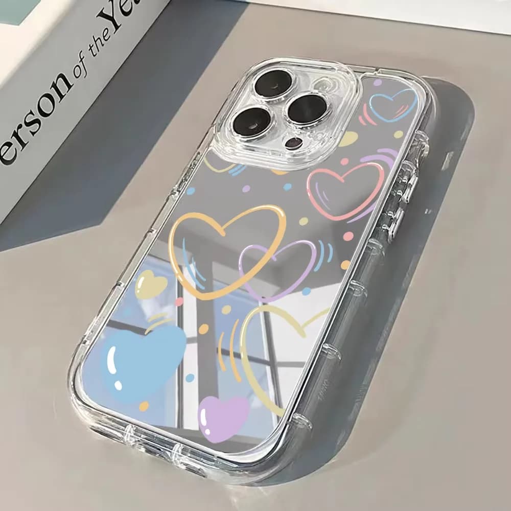 Pastel Hearts Silver Makeup Mirror Phone Case For iPhone 18 17 16 15 14 13 12 11 Pro Max XR XS 7 8 PLUS 17air Shockproof Cover