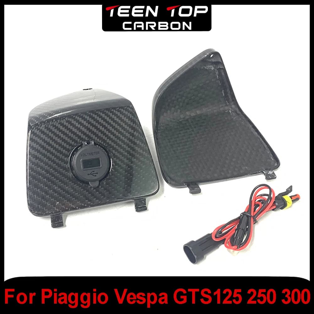 Accessori moto in carbonio per Piaggio Vespa GTS125 250 300 Copertura anteriore vano portaoggetti con spina di alimentazione USB Vera fibra di carbonio GTS300