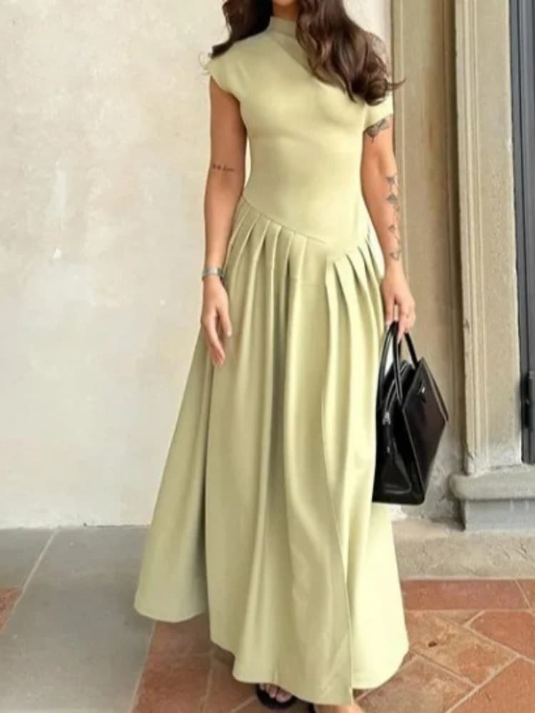 New maxi dress pleated by summer woman Chic elegant black half turtleneck short sleeve high waist dresses street office clothes