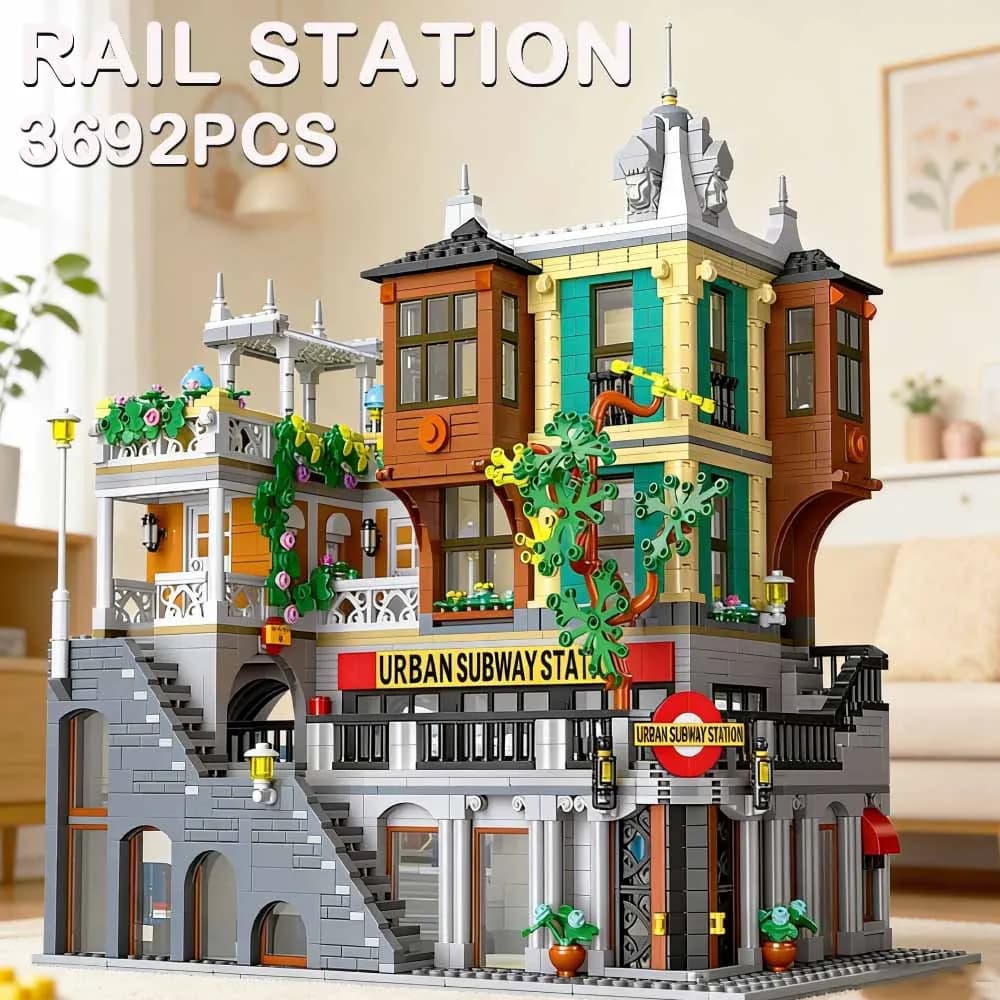 Creative IDEAS City Light Rail Station Building Blocks MOC Street View Stazione della metropolitana Treno Set di mattoncini creativi Giocattoli