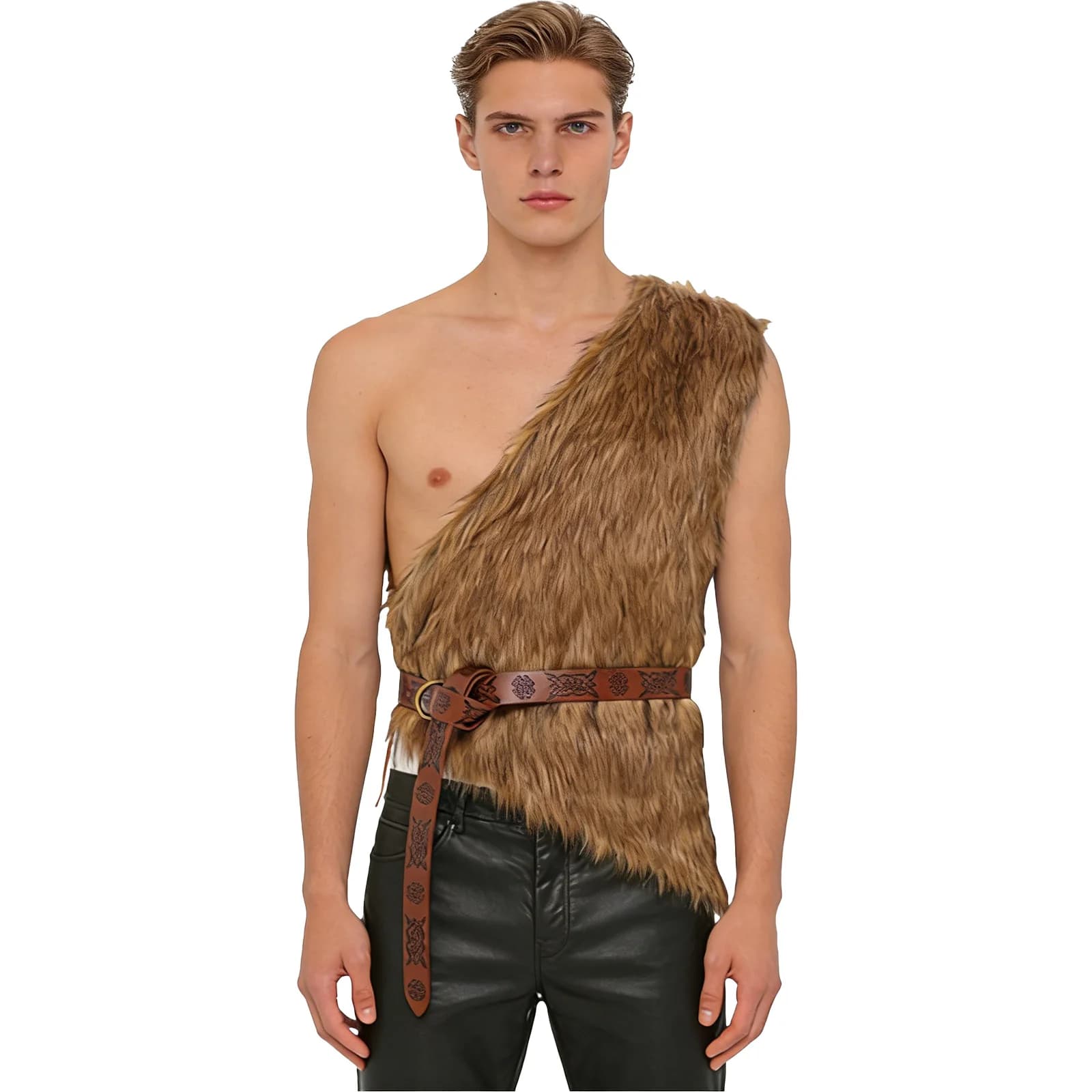 Gilet Unisex per Adulti in Finta Pelliccia Completamente Foderato con Cintura in Finta Pelle Goffrata Vintage per Costumi da Uomo Primitivo, Vichingo, Cavaliere