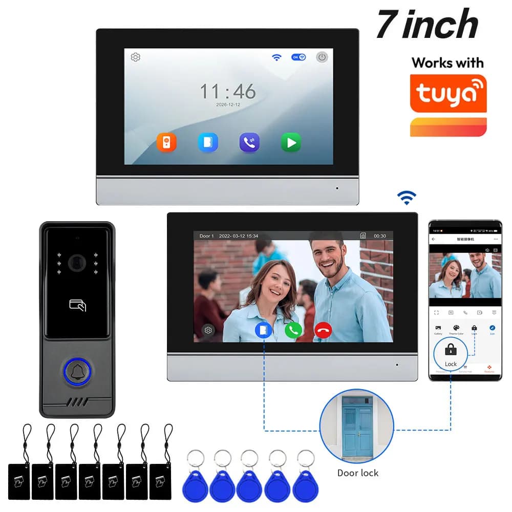 Tuya App Smart Wifi 4 Wire Video Doorbell Home Intercom Phone 1080P RFID Wireless Door Viewer Camera Intercom 7 inch Screen 2pcs