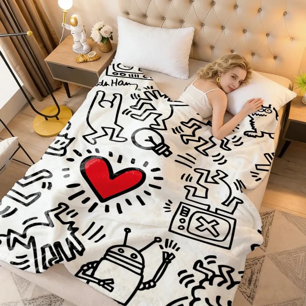 1PC Keith Haring Graffiti Knee Blanket – Morbido copridivano in pile di microfibra per letto e divano invernali, decorazione leggera per la casa dei bambini