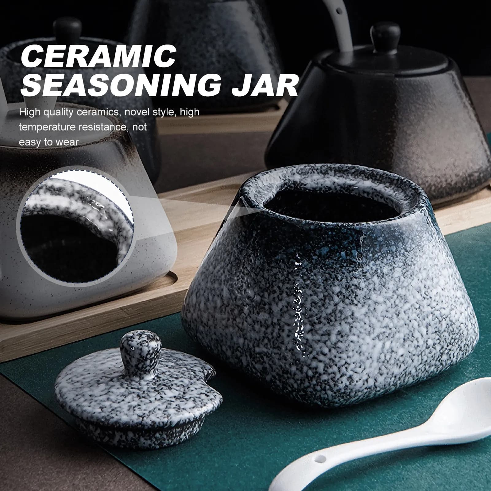 Set di Barattoli in Ceramica per Spezie, 1 Contenitore con Coperchio e Cucchiaio, Vasetto per Condimenti, Sale, Pepe, Zucchero, per Cucina