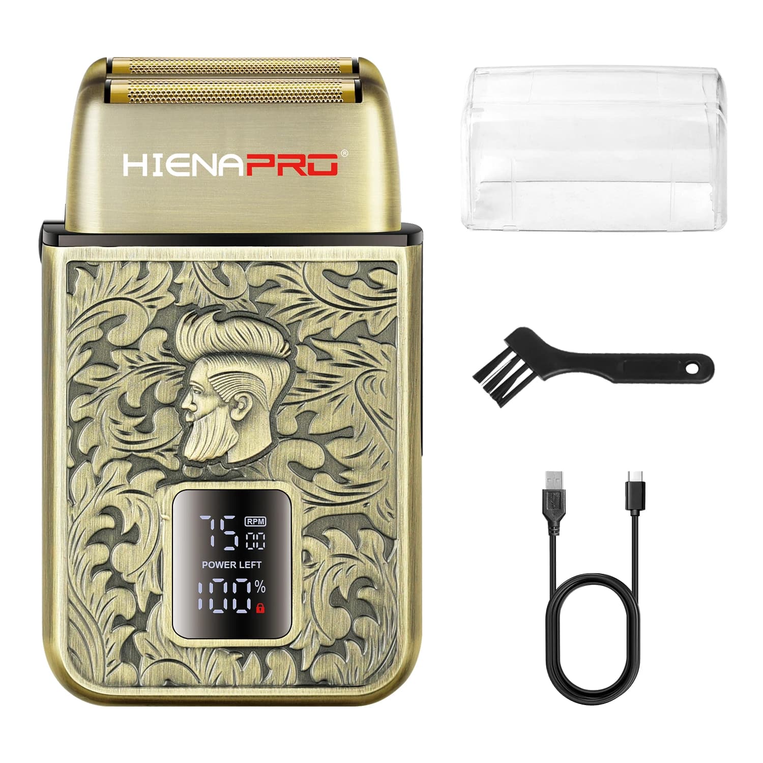 Rasoio Elettrico Vintage HIENA PRO 7500RPM con Incisione, Display LED, Ricaricabile USB, Regolabarba Wet/Dry per Uomo
