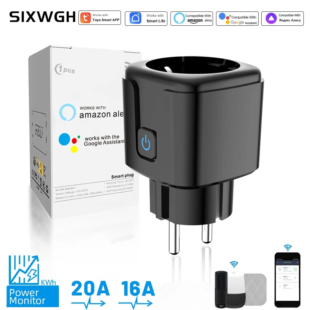 Tuya Smart Socket 2.4g WiFi Remote Control EU Version 16A/20A Voice Control Timed Battery Monitoring Google/Alexa