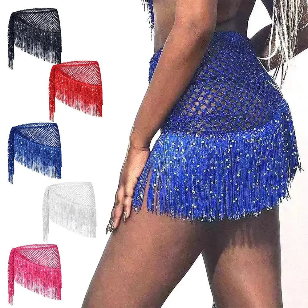 Fascia da Danza del Ventre a Triangolo con Frange Glitterate, Sciarpa da Anca con Paillettes e Nappe, Cintura da Danza