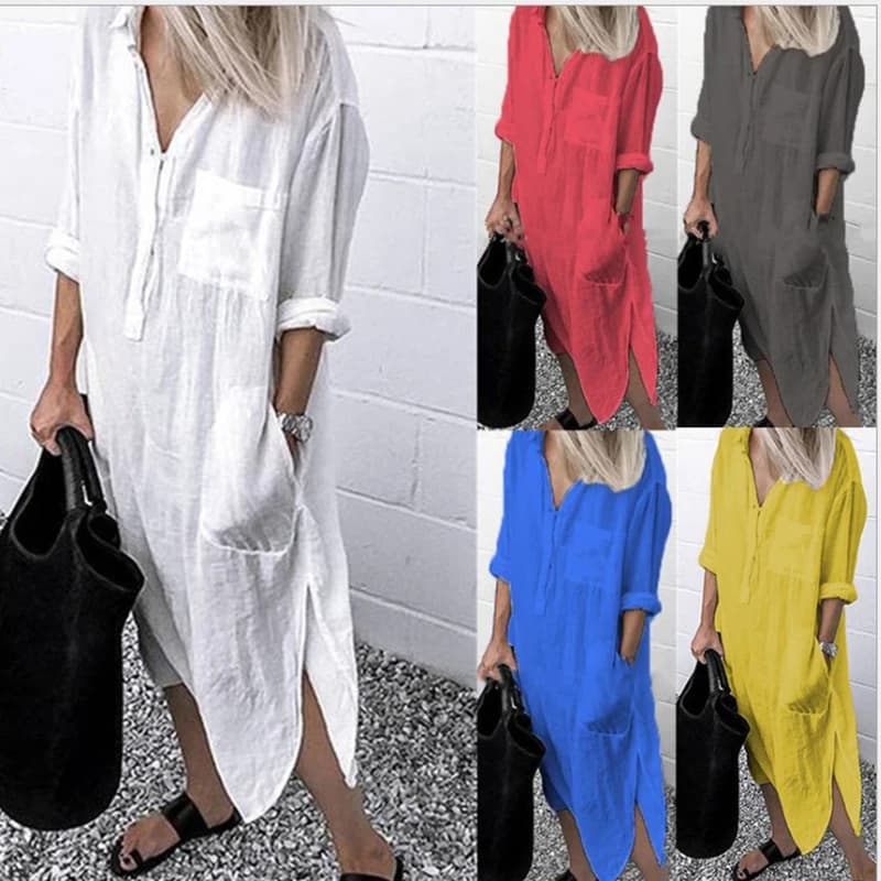 Abito Lungo Estivo da Donna in Cotone, Stile Kaftan, Oversize, Tinta Unita, Moda Casual