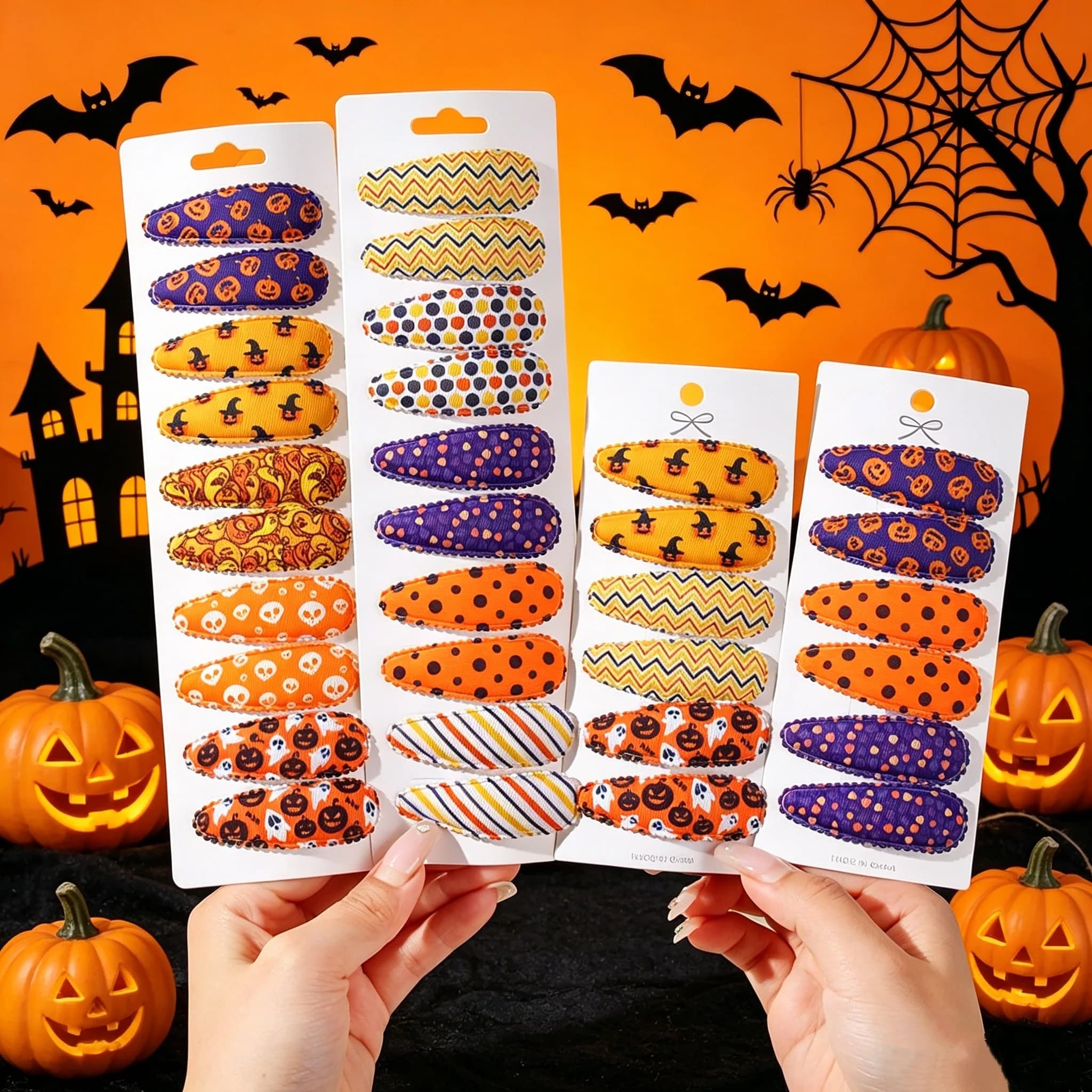 6/10PCS/Set Halloween Themed Fabric Hair Clips for Toddler Girls Child Pumpkin Witch Ghost Print No Slip Barrettes for Party