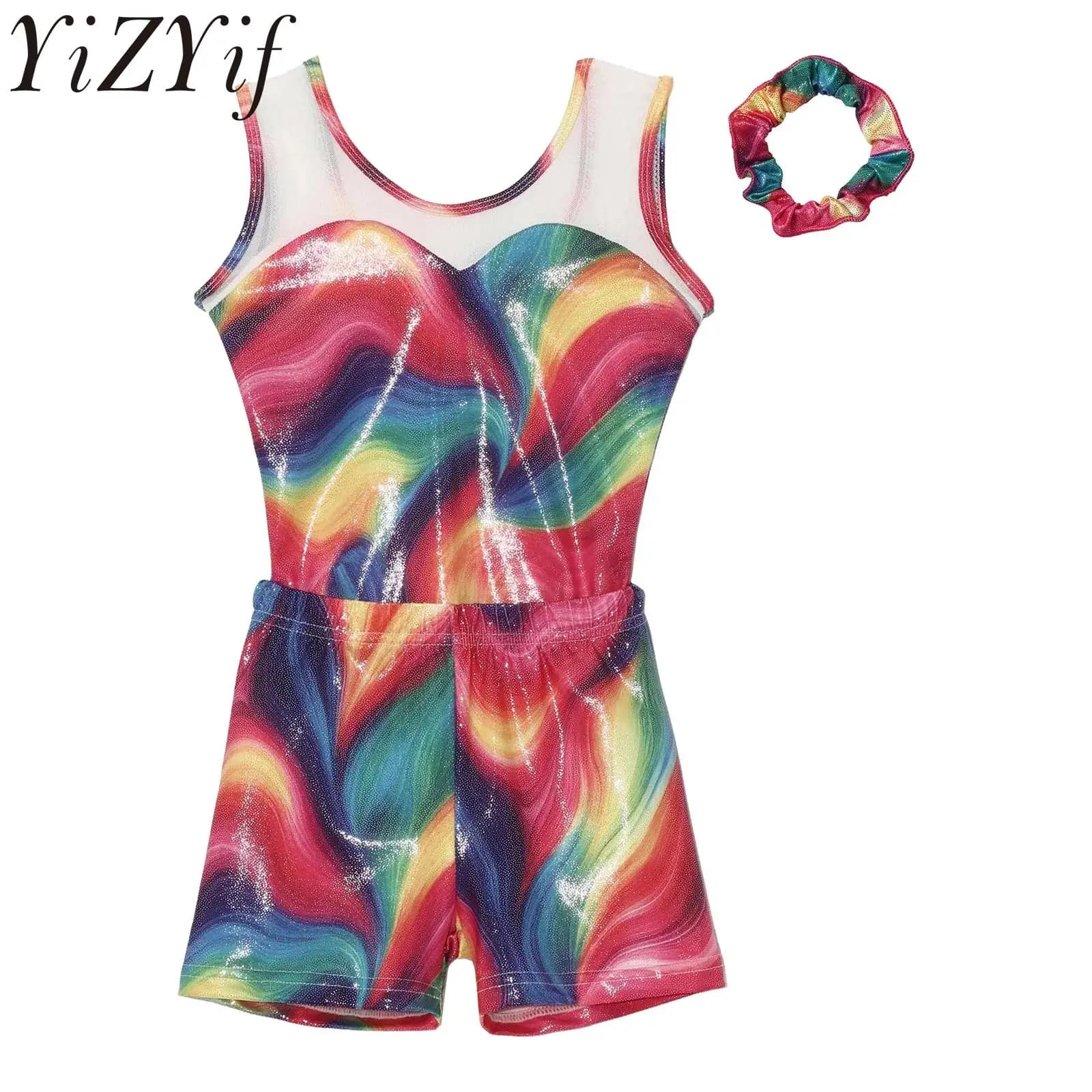 Completo da Danza per Bambine con Stampa Metallizzata, Body Senza Maniche con Pantaloncini e Fascia per Capelli, Ideale per Ginnastica, Balletto e Pattinaggio sul Ghiaccio