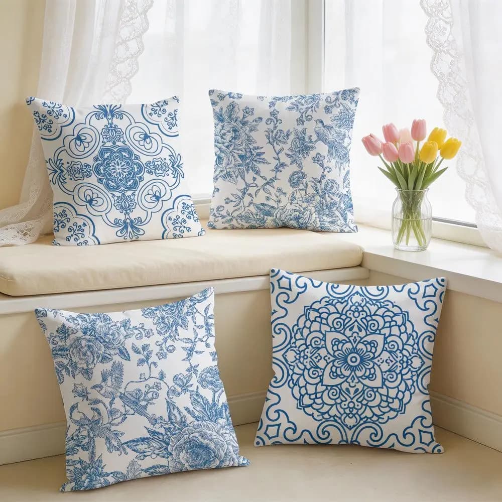 Classic Blue Ceramic Cushion Cover Silky Short Plush Invisible Zipper Dustproof Sofa Pillow Case for Home Decor