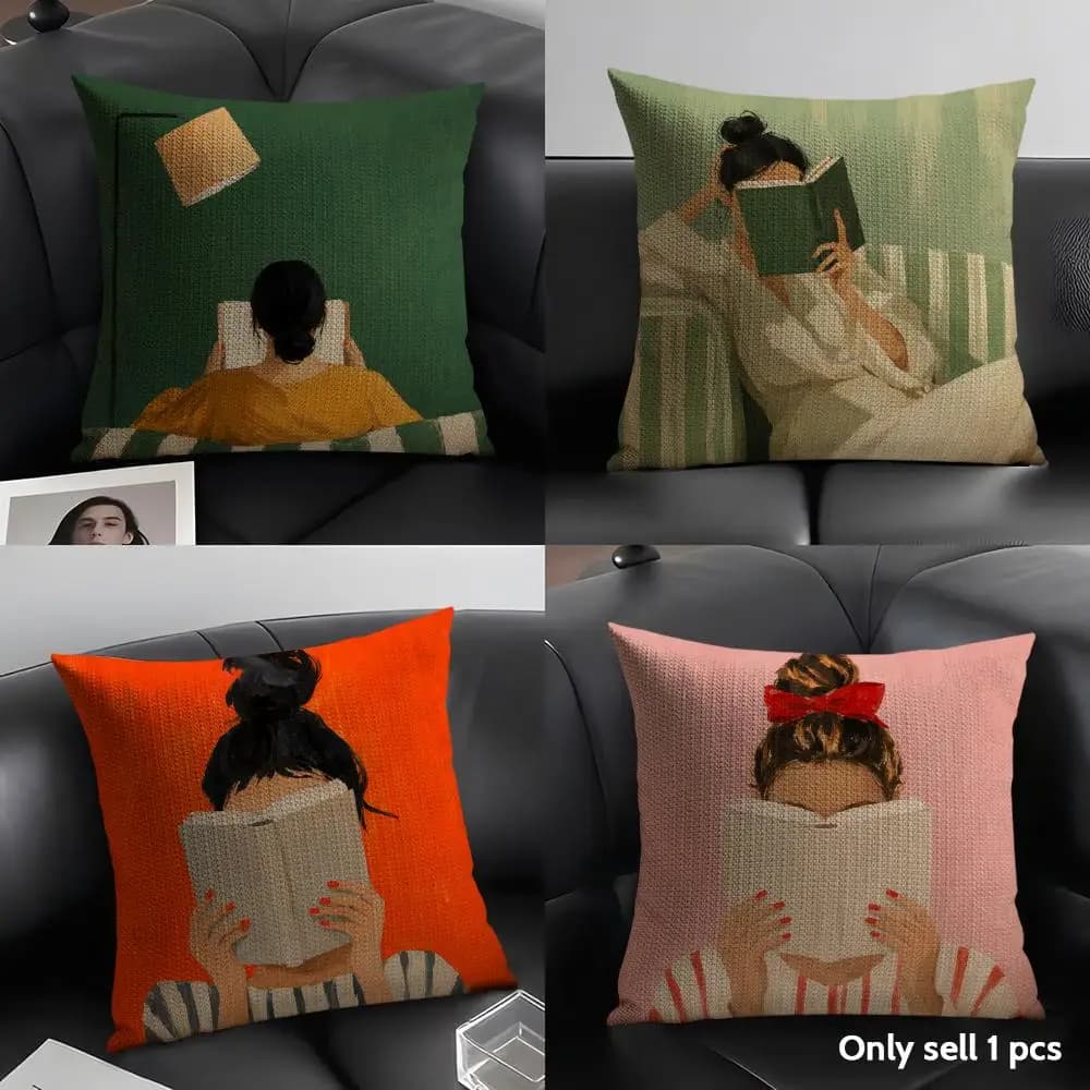 Abstract Reading Woman Cushion Cover Breathable Linen Organic Fabric Double-Sided Printing Sofa Pillow Case Home Decor