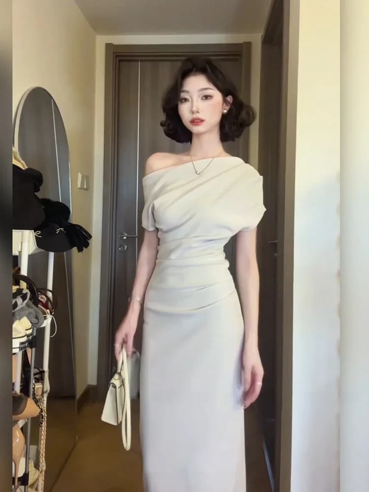 XZY Elegante Abito Estivo da Donna con Spalla Asimmetrica, Spacco e Vita Stretta, Gonna Lunga Casual Slim Fit in Fibra di Poliestere