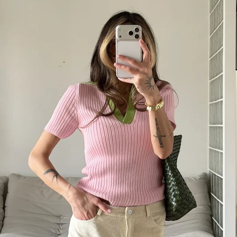 T-shirt estiva in maglia Tuularose da donna, alla moda, con risvolto a contrasto, patchwork a costine, top casual in maglia, nuove maglie streetwear da donna