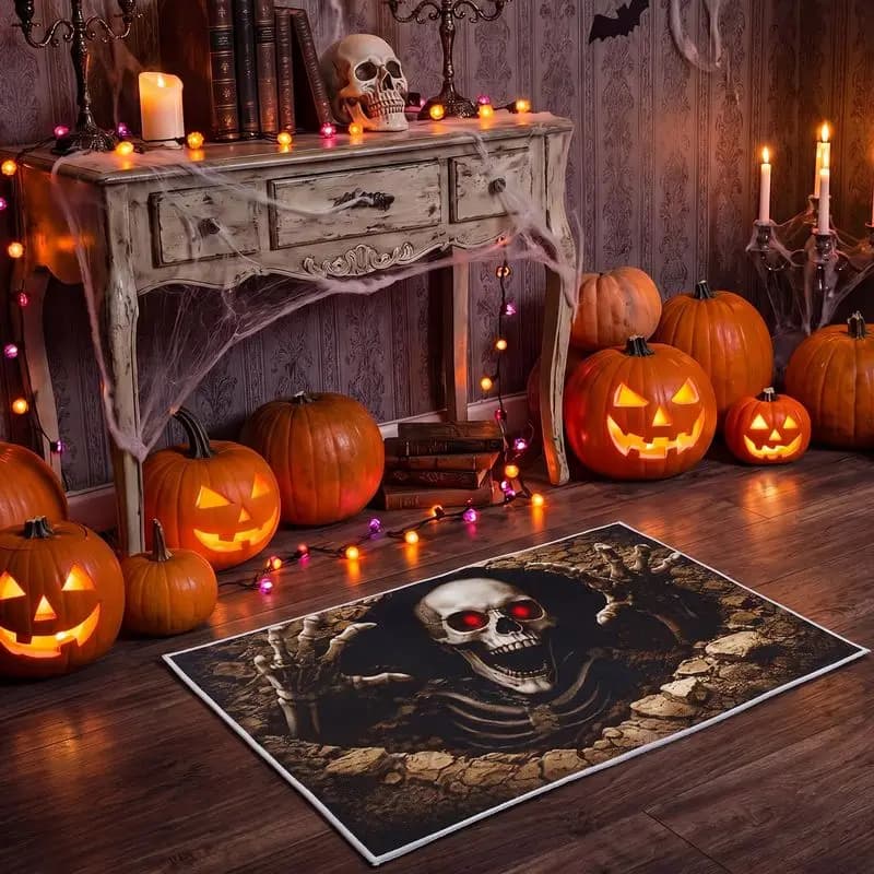 VIKAMA Halloween 3D Visual Horror Gothic Carpet Anti slip Home Mat Thrilling Skeleton Entrance Mat Party Home Decoration