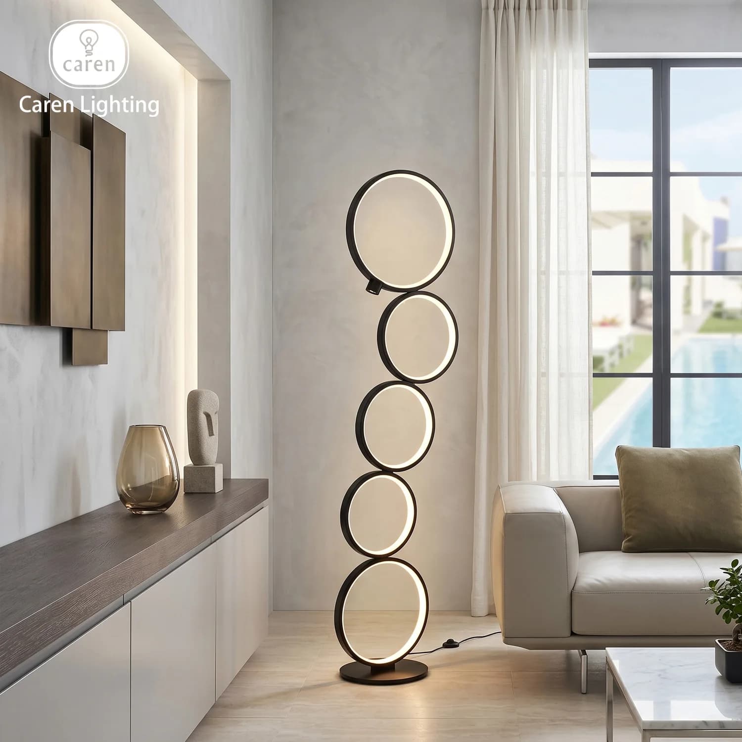 Caren Continuum Modern LED Floor Lamp, Sculptural Stacked Ring Standing Light with Dual Touch & Foot Switch Minimalist Geometric