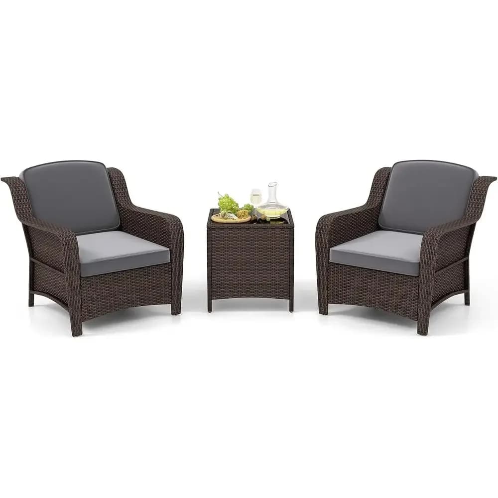 Set di mobili da giardino a 3 pezzi, sedie in vimini con cuscini e tavolino in vetro temperato, ideale per balcone, giardino (Gra