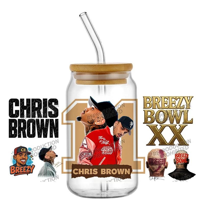Nuovo Adesivo 3D UV DTF del Popolare Cantante Chris Brown per Bicchieri Libbey da 16oz, Collezione di Adesivi per Tazze e Bicchieri