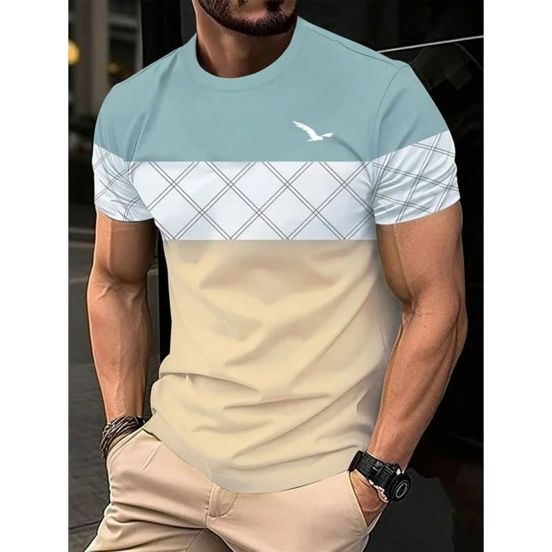 T-shirt con giunture geometriche stampate in 3D per uomo T-shirt con motivo a strisce colorate T-shirt casual estive con o-collo maniche corte larghe
