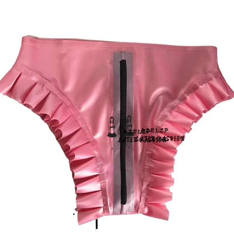 Latex Rubber Gummi Sexy Crotch zipper Shorts Briefs Underwear With ruffled edges
