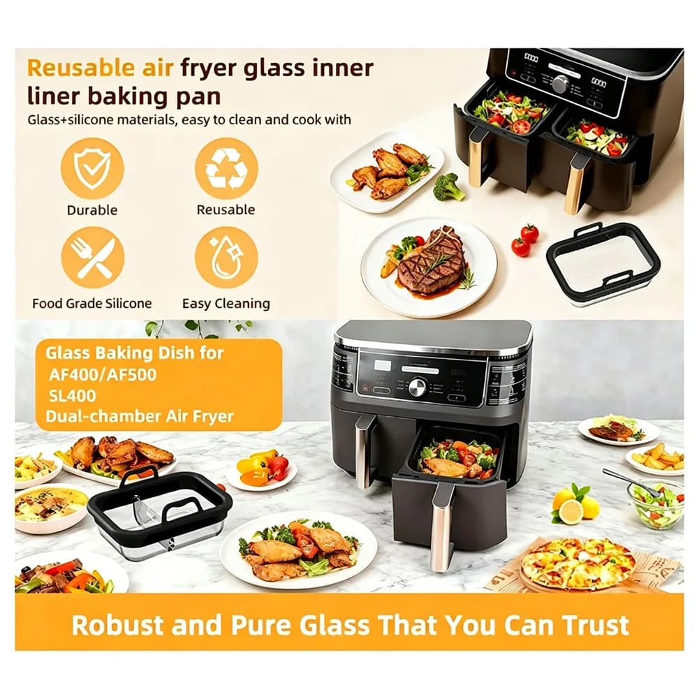Dual-Compartment Glass Baking Dish with Handles - Glass Cooking Accessory for Air Fryers