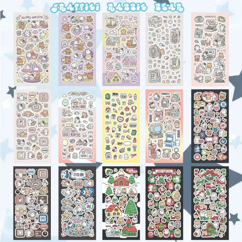 Cartone animato coreano carino retrò rock graffiti coniglio orso adesivi manuale notebook pianificatore diario adesivi decorativi natalizi fai da te