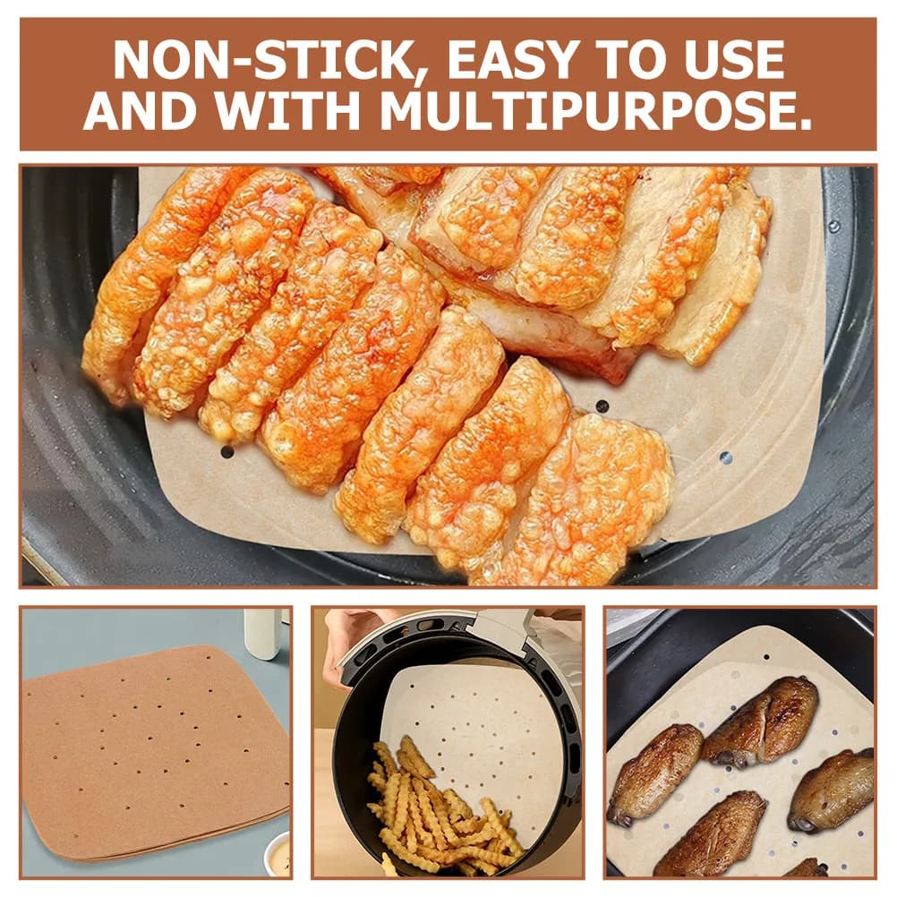 100 Non-stick Square Oven Paper Sheets with Draining Holes, High Temperature Resistant for Air Fryer, Oven Card, Grid Mats