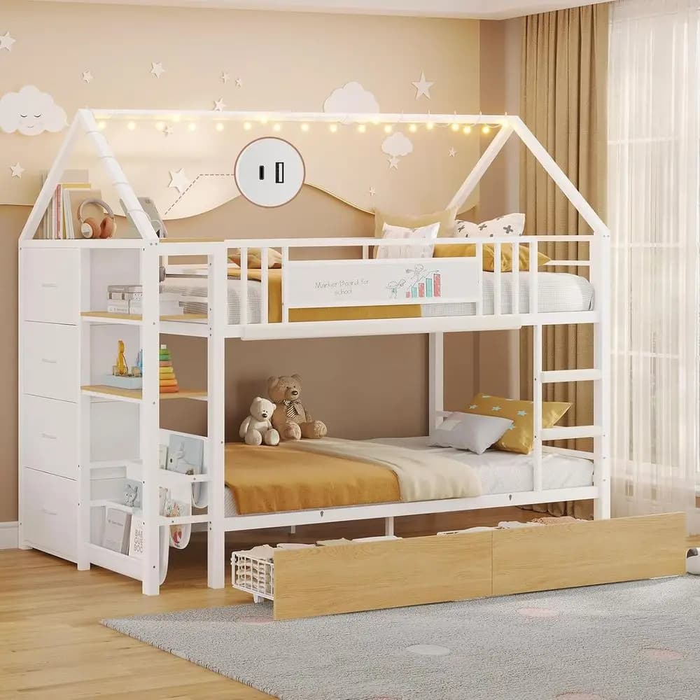 Letto a castello singolo con cassetti portaoggetti, luci a globo e design a forma di casetta per bambini, con scaletta e sponda di protezione, S