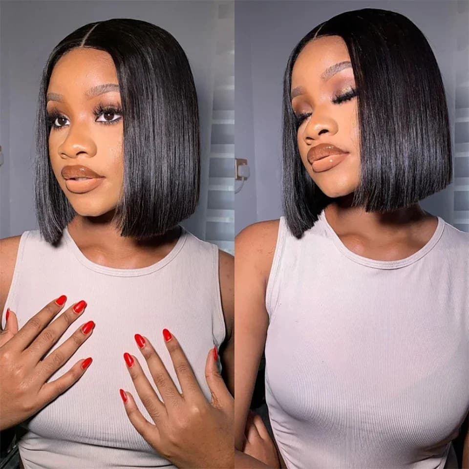 Straight Short Bob Wigs Human Hair 13x6x1 T-Part Lace Front Human Hair Wigs Natural Black 180D Wear & Go Wigs Human Hair