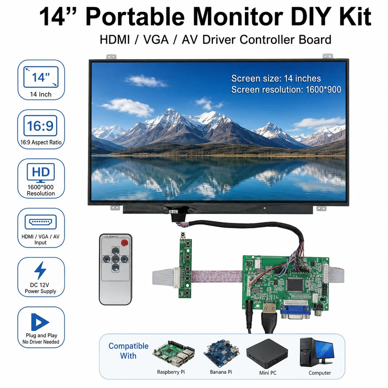 14 Inch 1600*900 Screen Display LCD Monitor With HDMI Control Driver Board For Computer Secondary Screen Raspberry Pi PC