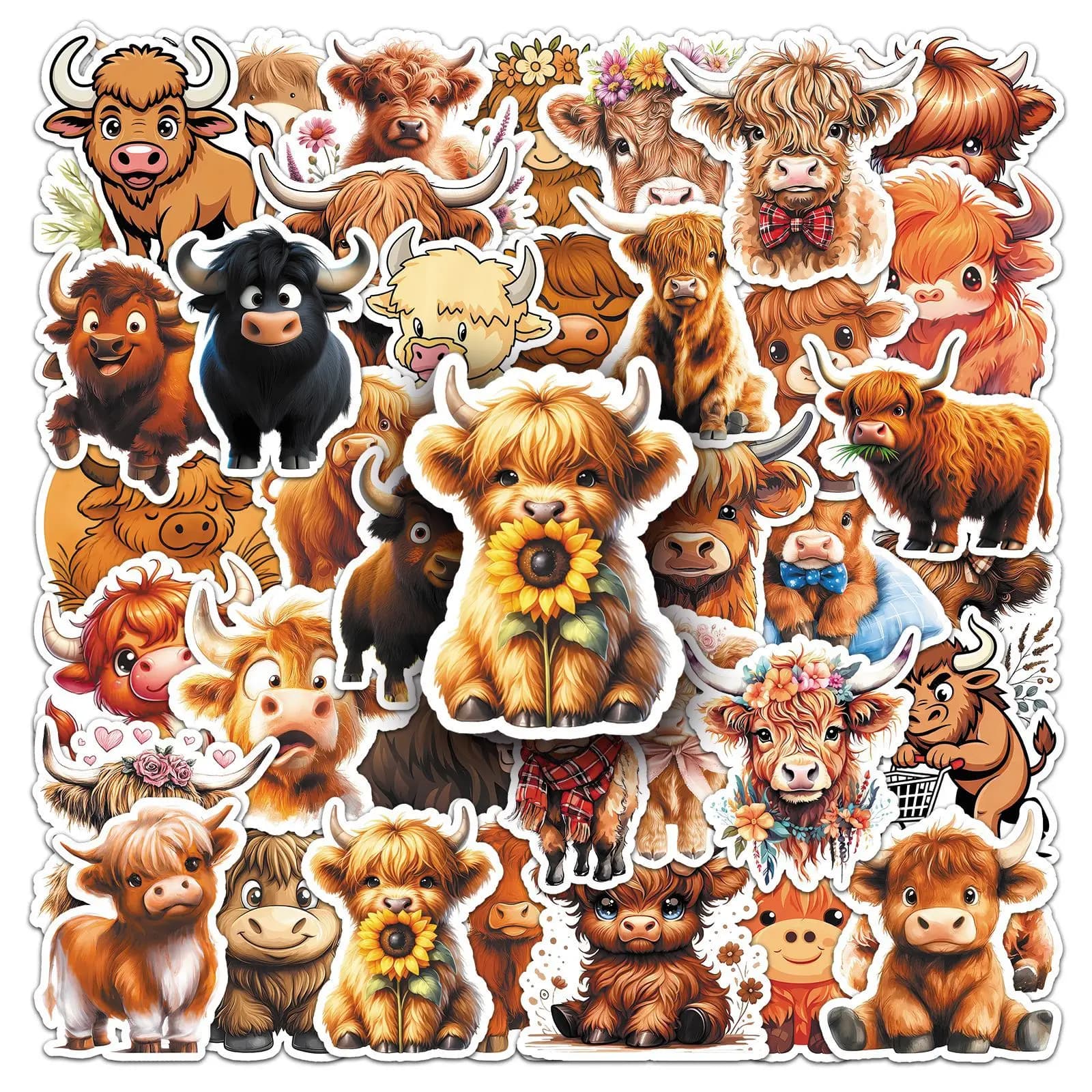 50 Pezzi Adesivi Cartoon Mucca delle Highland Impermeabili per Decorazione Fai da Te, Telefono, Bagagli, Laptop, Chitarra, Bici, Skateboard, Casco, Frigorifero, Giocattoli