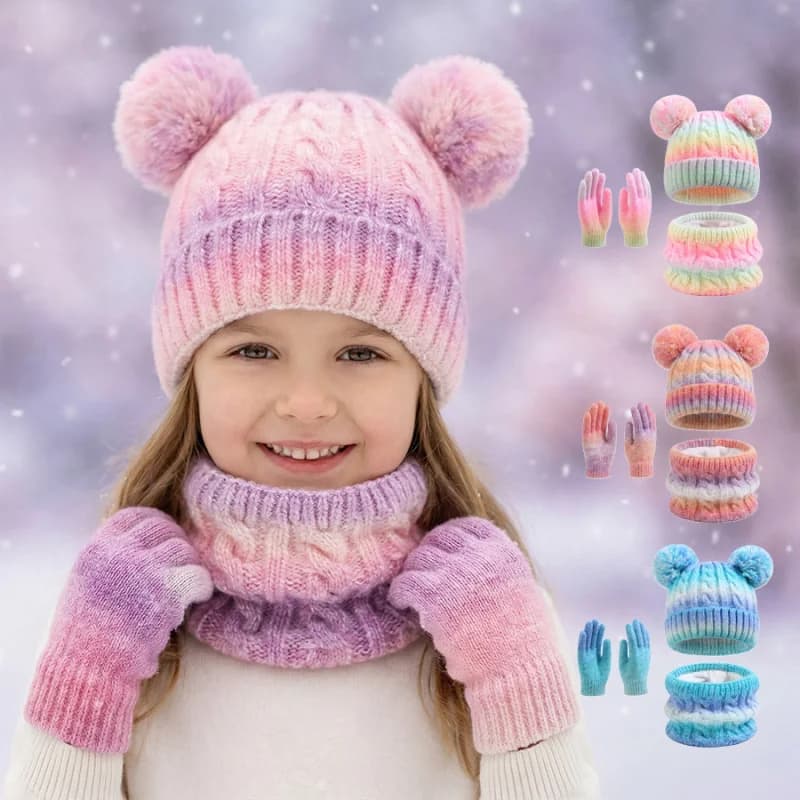 Set 3 Pezzi per Bambini: Cappello, Sciarpa e Guanti in Maglia Sfumata, Berretto con Orecchie di Orso e Pompon, Scaldacollo e Guanti Invernali Caldi con Motivo a Fiocco di Neve