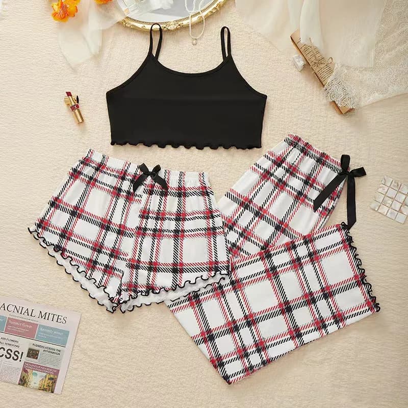 Women's Three Piece Checkered Pajamas Set Home Wear Sweet Style Summer No Sleeve V-Neck Leopard Pattern Other Material 100%