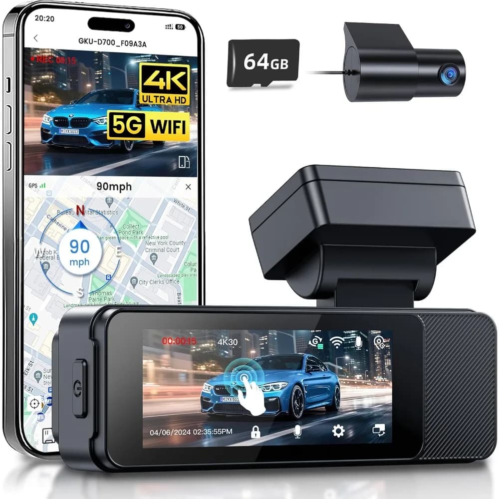 GKU Dash Cam front and rear, 3.18" touchscreen, Dashcam 4K+1080P, integrated GPS, 5.8 GHz WiFi dashboard camera for cars with Parki 24 hours