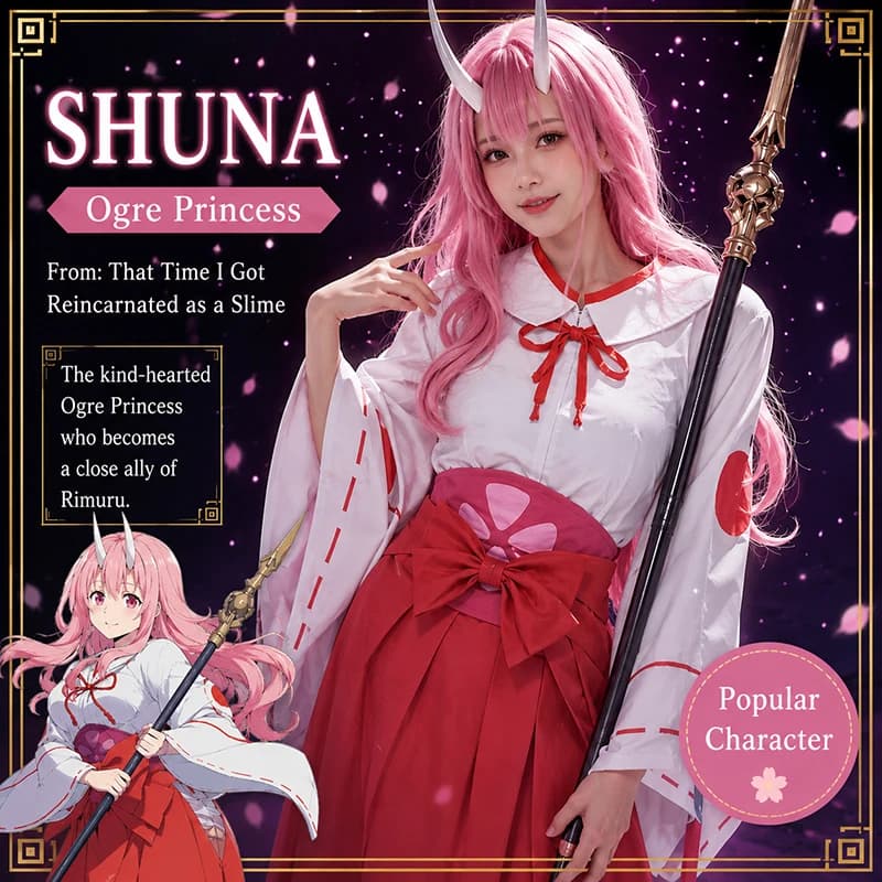 Anime That Time I Got Reincarnated Shuna Cosplay Costume Miko Uniform Japanese Kimono Comic Con Role Play Cosplay Pink Wig Dress